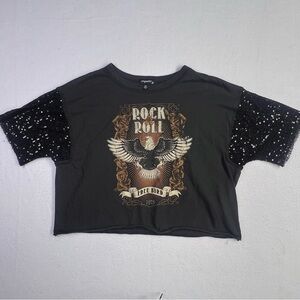 Originality - Black Graphic Cropped T-Shirt with Sequined Sleeves - Women’s - M